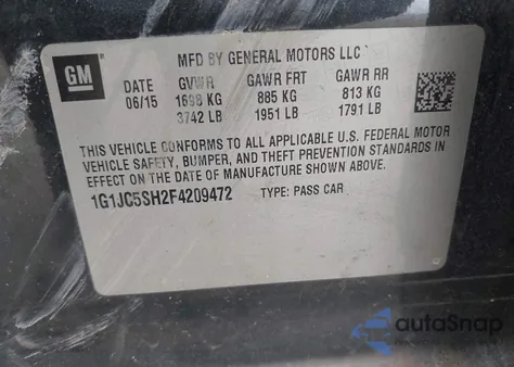 2015 Chevrolet Sonic Lt Auto из США, поврежденный, VIN 1G1JC5SH2F4209472